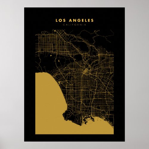 Los Angeles Dark Gold City Map Poster