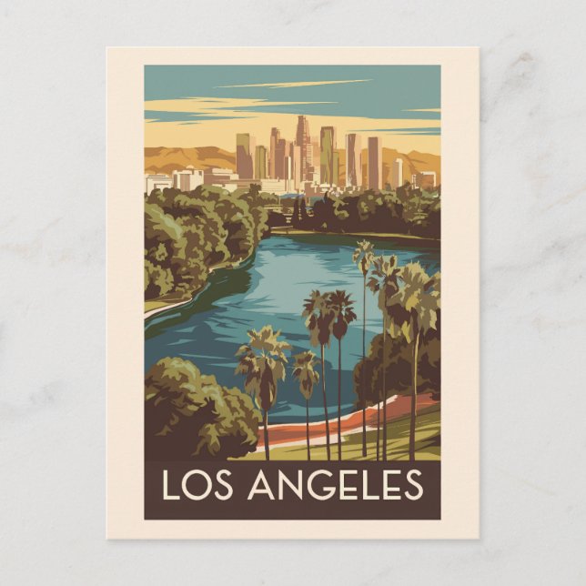 Los Angeles Echo Park Lake Travel Art Vintage Postcard (Front)