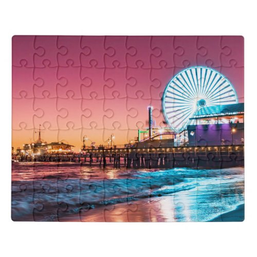 Los Angeles Pink  Blue Sunset Santa Monica Pier Jigsaw Puzzle