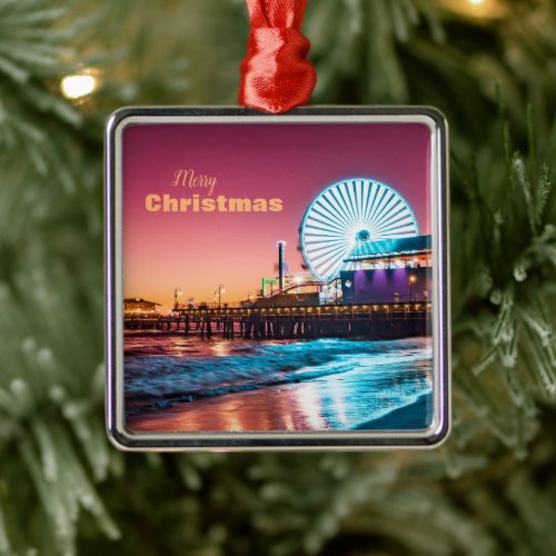 Los Angeles Pink Blue Sunset Santa Monica Pier Metal Ornament