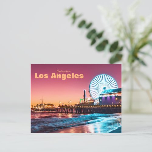 Los Angeles Pink  Blue Sunset Santa Monica Pier Postcard
