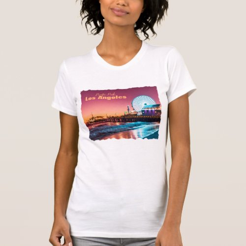 Los Angeles Pink  Blue Sunset Santa Monica Pier T_Shirt
