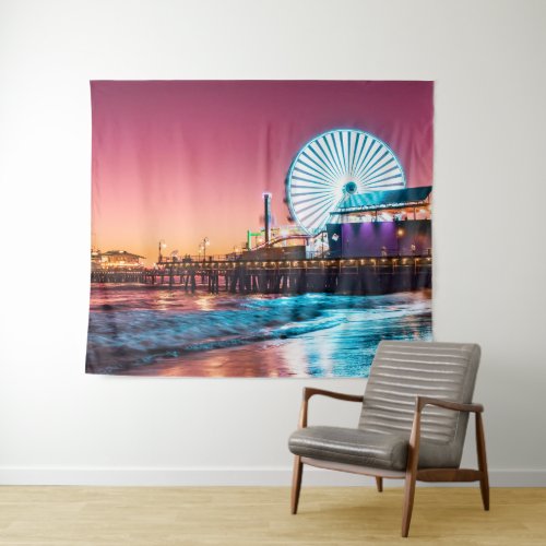 Los Angeles Pink  Blue Sunset Santa Monica Pier Tapestry