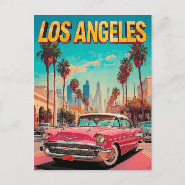 Los Angeles Retro Classic Car Travel Art Postcard (Front)
