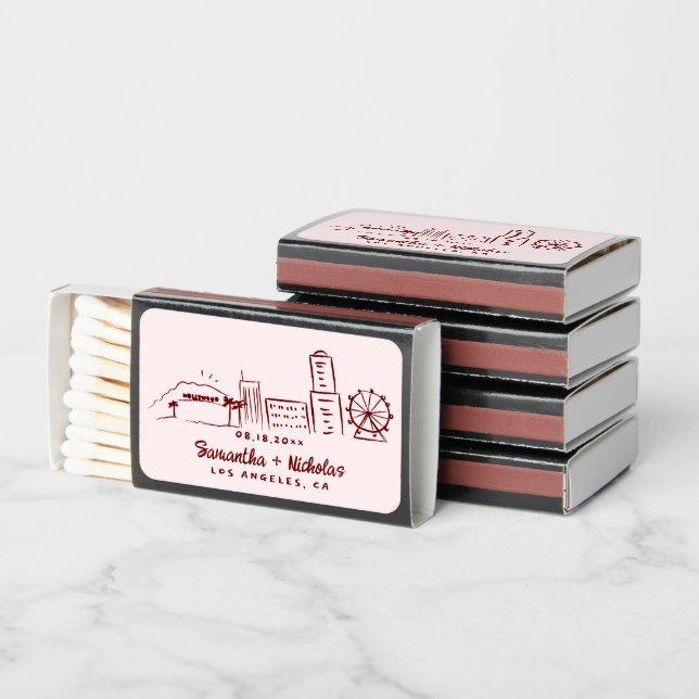 Los Angeles Retro Doodle Sketch | Wedding Favor Matchboxes (Stacked)