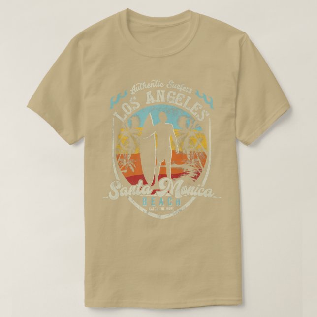 Los Angeles Santa Monica Surfing Beach Retro Vinta T-Shirt (Design Front)