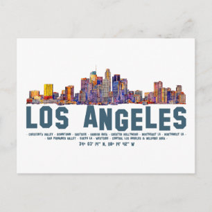 Los Angeles Skyline. Area Names and Coordinates Postcard