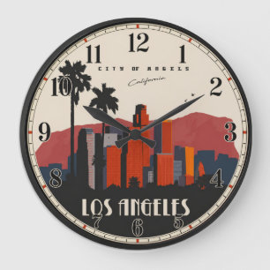 Los Angeles Skyline  Art Deco  Large Clock