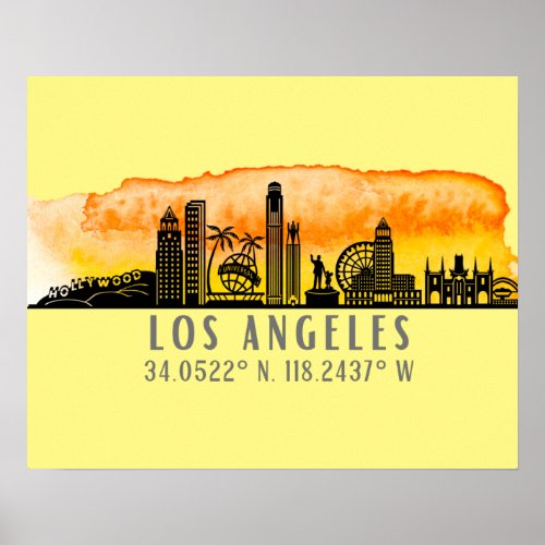 Los Angeles Skyline Latitude and Longitude  Poster
