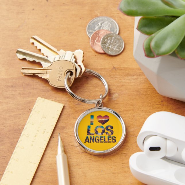 Los Angeles Skyline Sunset & Hollywood Typography  Keychain (Desk)