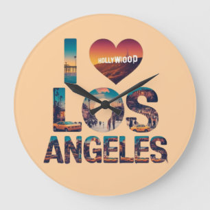 Los Angeles Skyline Sunset & Hollywood Typography  Large Clock