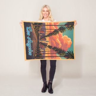 Los Angeles Skyline Sunset Palm Trees Fleece Blanket