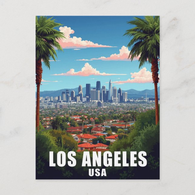 Los Angeles USA Skyline Palm Trees Travel Postcard (Front)