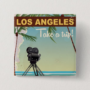 Los angeles vintage camera beach travel poster pinback button