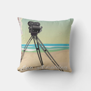 Los angeles vintage camera beach travel poster throw pillow