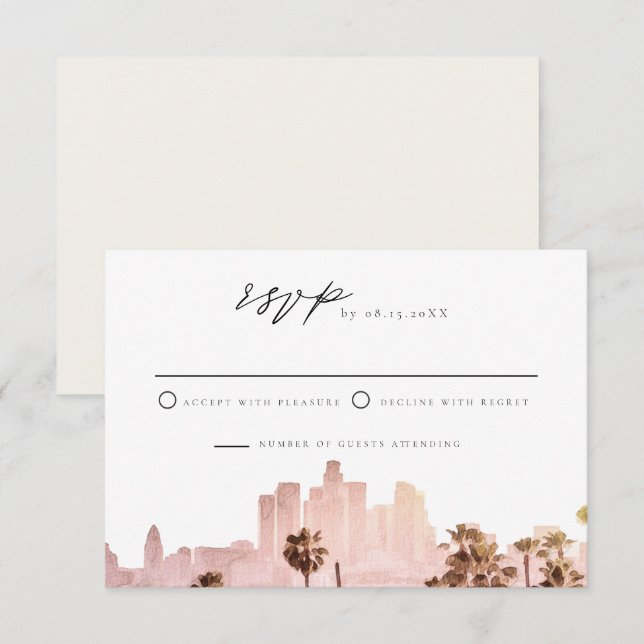 LOS ANGELES Watercolor Skyline Wedding RSVP Invitation (Front/Back)