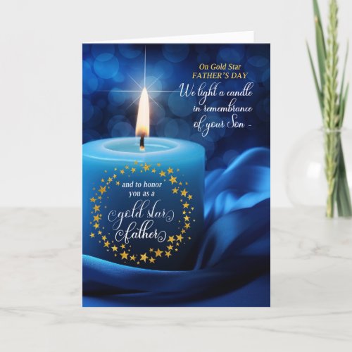 Loss of a Son Gold Star Fathers Day Blue Candle Holiday Card