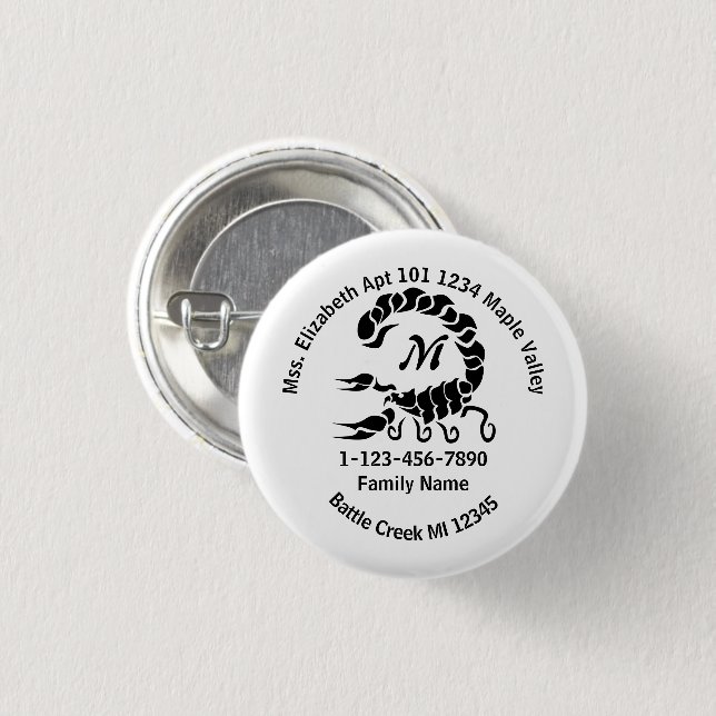Lost Black Scorpion Monogram Family Home Address  Button (Front & Back)