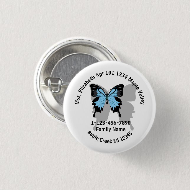 Lost Blue Backed Butterfly Family Home Address  Button (Front & Back)