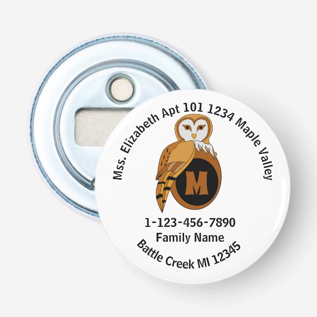 Lost British Barn Owl Family Home Address Bottle Opener (Front)