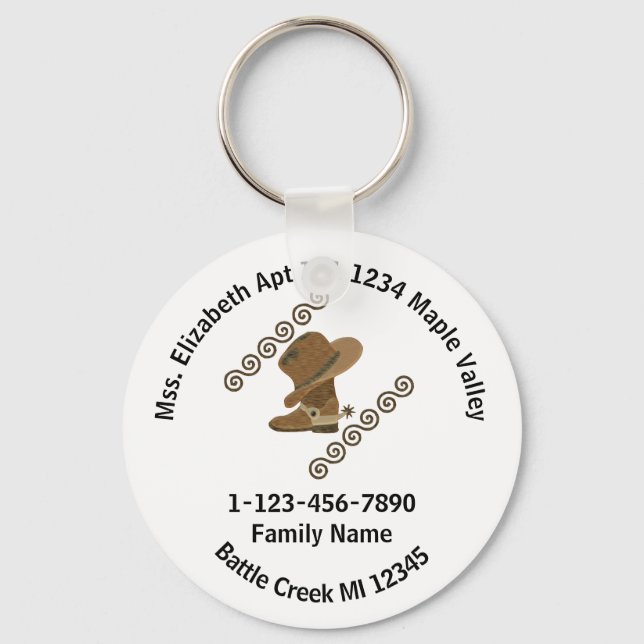 Lost Cowboy Boot and Hat Family Home Address Keychain (Front)