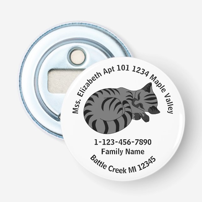 Lost Gray Tabby Kitten Family Home Address Bottle Opener (Front)