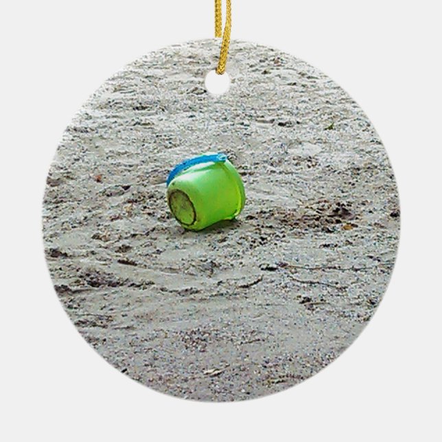 Lost Green Bucket in Sand on Summer Beach Ceramic Ornament (Front)
