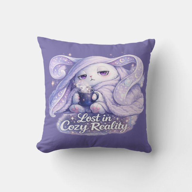 Lost in Cozy Reality Fluffy Bunny Throw Pillow (Front)