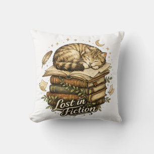 Lost in Fiction Reading Cat Book Lover Throw Pillow