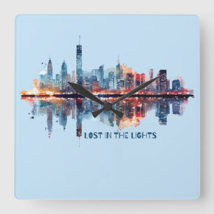 Lost in the Lights - Watercolor City Skyline Square Wall Clock