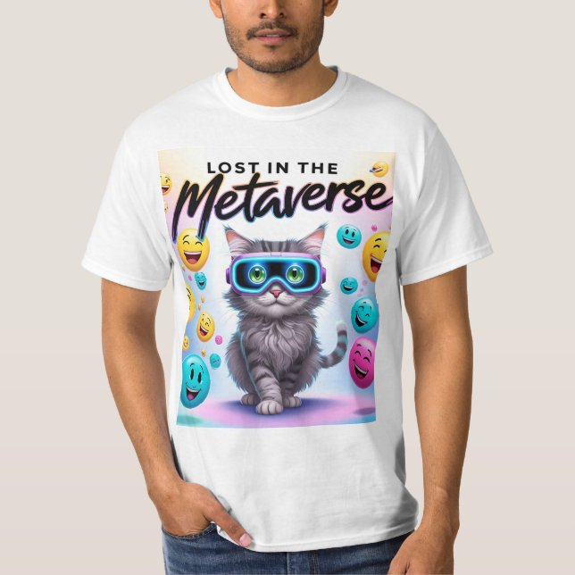 Lost in the Metaverse – Funny VR Cat Design T-Shirt (Front)