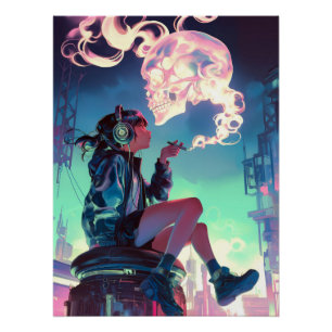 Lost in the Neon Rain Cyberpunk Anime Girl Poster