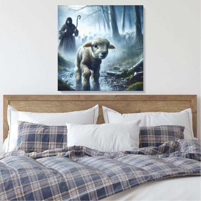 Lost Lamb With Shepherd In Rainy Forest Canvas Print (Insitu(Bedroom))
