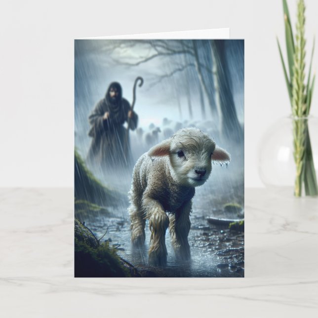 Lost Lamb With Shepherd In Rainy Forest Card (Front)
