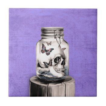 Lost Memories  Skull And Butterflies Jar. Ceramic Tile by KPattersonDesign at Zazzle