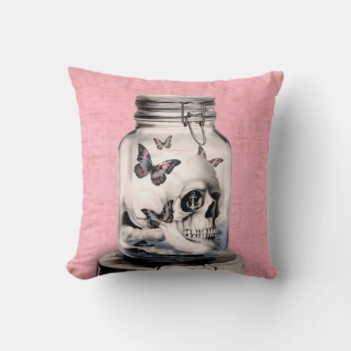 Lost thoughts skull in jar throw pillow