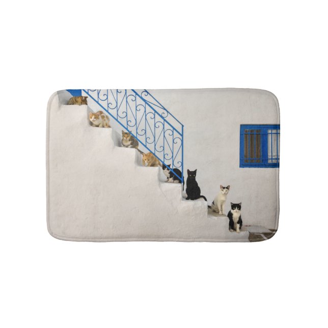 Lot of cats on a white stairway in a Greek village Bath Mat (Front)