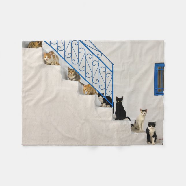 Lot of cats on a white stairway in a Greek village Fleece Blanket (Front (Horizontal))