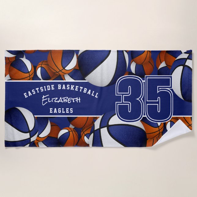 Lots of basketballs athlete team name blue white beach towel (Front)