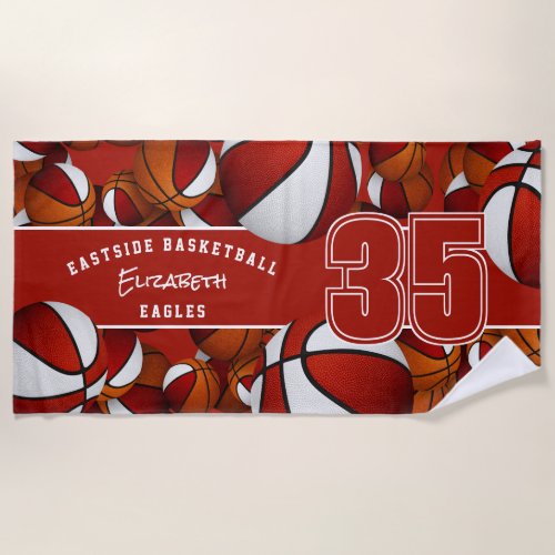 Lots of basketballs athlete team name red white beach towel