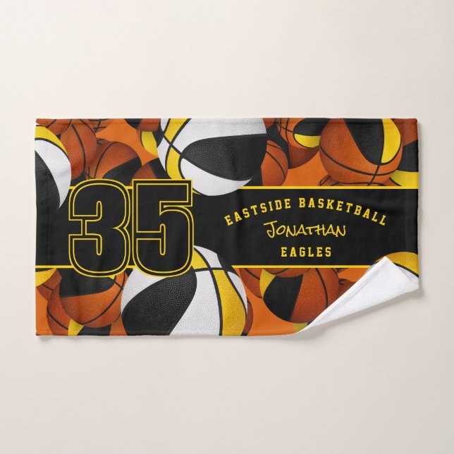 Lots of basketballs custom athlete name black gold hand towel  (Hand Towel)