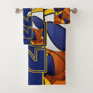Lots of basketballs custom athlete name blue gold bath towel set