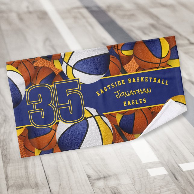 Lots of basketballs custom athlete name blue gold hand towel  (Creator Uploaded)