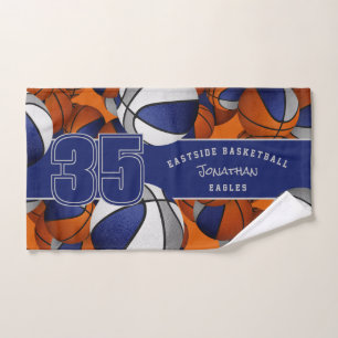 Lots of basketballs custom athlete name blue gray hand towel