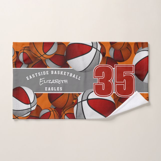 Lots of basketballs custom athlete name red gray hand towel  (Hand Towel)