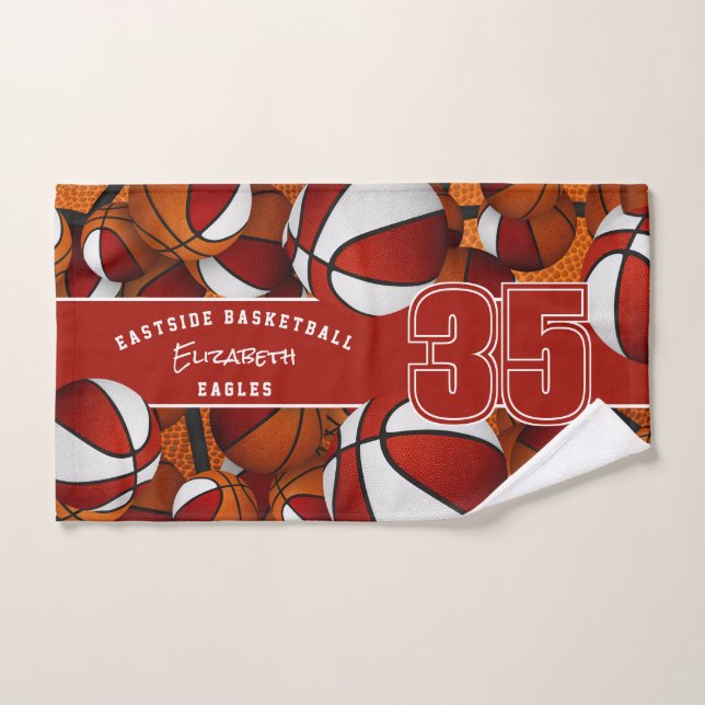 Lots of basketballs custom athlete name red white hand towel  (Hand Towel)