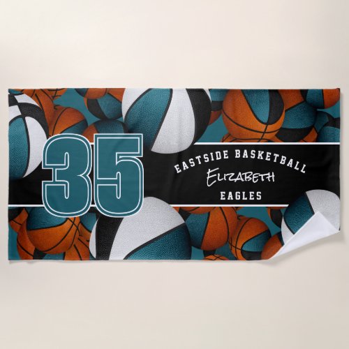 Lots of basketballs custom player name teal black beach towel