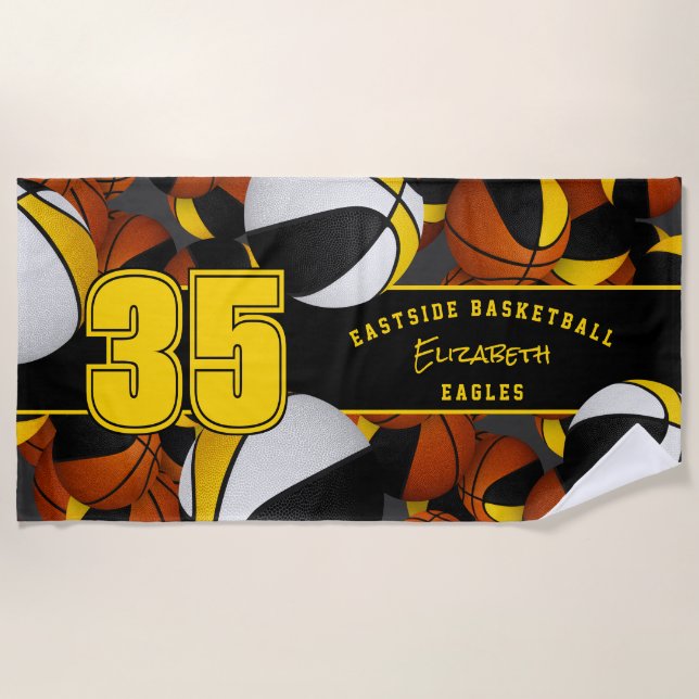 Lots of basketballs girls or boys team black gold beach towel (Front)