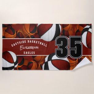 Lots of basketballs maroon black team colors beach towel