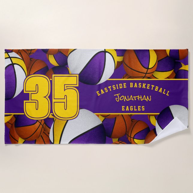 Lots of basketballs purple gold team colors beach towel (Front)
